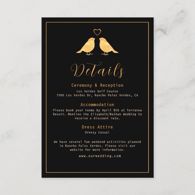 Elegant Black & Gold Birds Wedding Details Enclosure Card (Front)