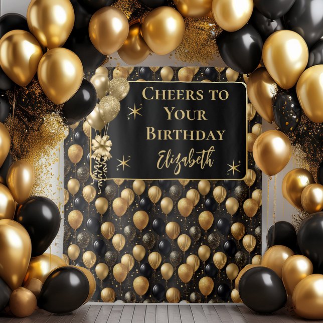  Elegant Black Gold Birthday Balloons Backdrop (Elegant Black and Gold Faux Glitter Balloons Pattern A021 "Cheers to Your Birthday" [Name] Backdrop)