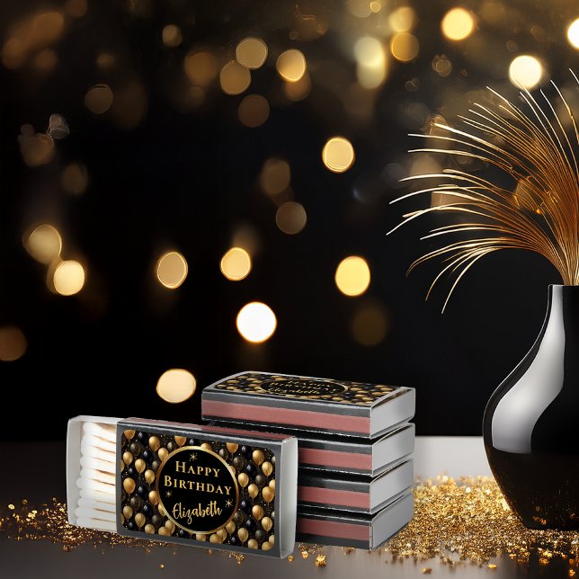  Elegant Black Gold Birthday Balloons Pattern Matchboxes (Elegant Black and Gold Faux Glitter Balloons Pattern "Happy Birthday [Name]" MatchBoxes)