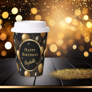 Elegant Black Gold Birthday Balloons Pattern Paper Cups