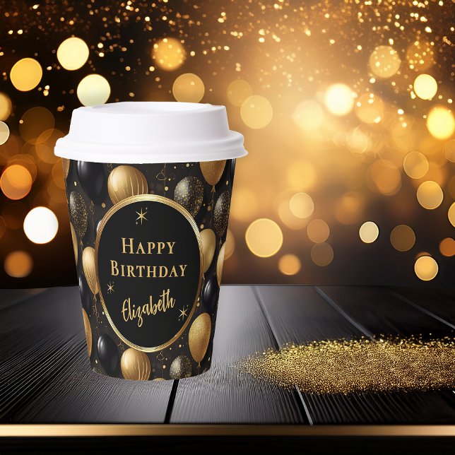  Elegant Black Gold Birthday Balloons Pattern Paper Cups (Elegant Black and Gold Faux Glitter Balloons Pattern A021 "Happy Birthday" [Name] Paper Cups)