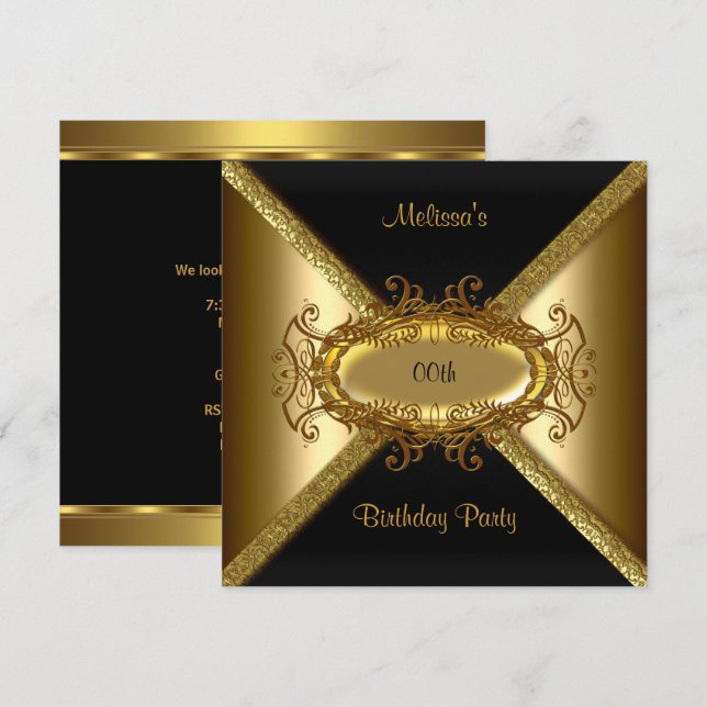 Elegant Black Gold Birthday Party Invitation (Front/Back)