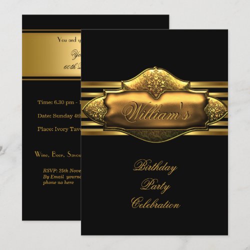 Elegant Black Gold Birthday Party Mens 60th Personalized Announcement