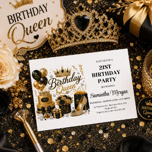 Elegant Black Gold Birthday Queen Sparkle Invites