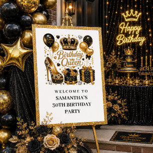 Elegant Black Gold Birthday Queen Sparkle Welcome  Poster