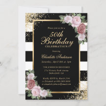 Elegant Black Gold Black Pink Floral 50th Birthday