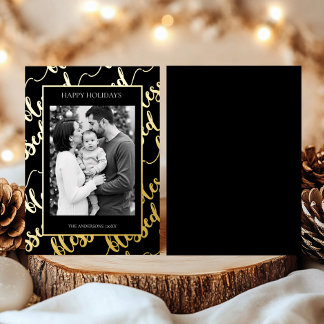 Elegant Black & Gold “Blessed” Modern Script Foil Holiday Card