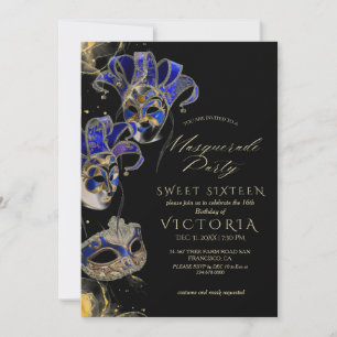 Elegant Black Gold Blue Masquerade 16th Birthday Invitation