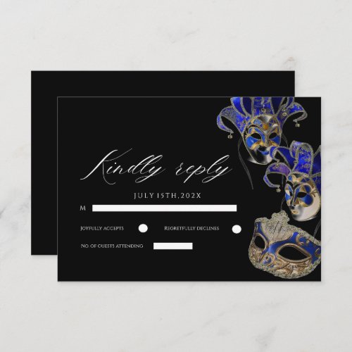 Elegant Black Gold Blue Masquerade Party Birthday  RSVP Card