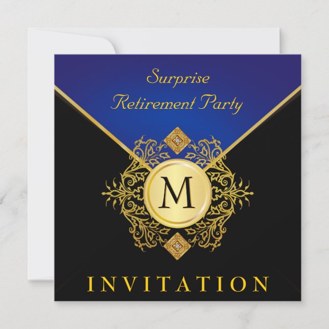Elegant Black Gold Blue Monogram Special Occasion Invitation (Front)