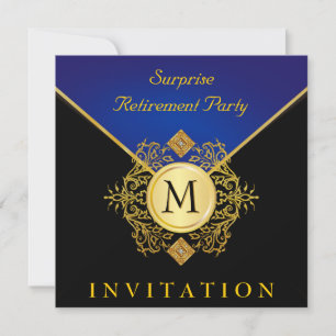 Elegant Black Gold Blue Monogram Special Occasion Invitation