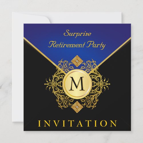 Elegant Black Gold Blue Monogram Special Occasion Personalized Invite