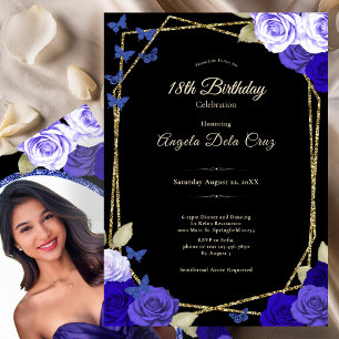 Elegant Black Gold Blue Roses 18th Birthday Debut  Invitation