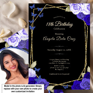 Elegant Black Gold Blue Roses 18th Birthday Debut Invitation