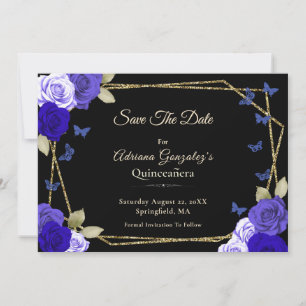 Elegant Black Gold Blue Roses Quinceanera Save The Date