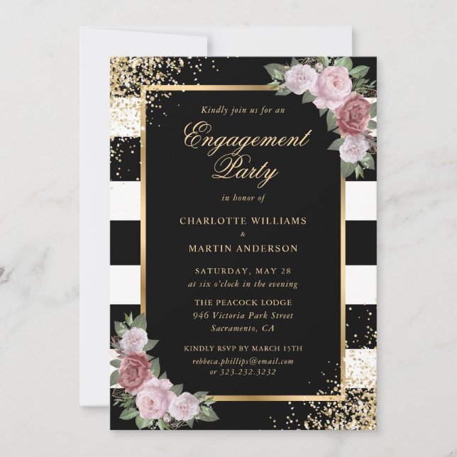Elegant Black Gold Blush Floral Engagement Party Invitation (Front)