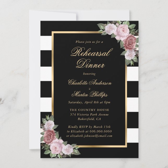 Elegant Black Gold Blush Floral Rehearsal Dinner Invitation (Front)