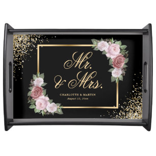 Elegant Black Gold Blush Pink Floral Wedding Serving Tray
