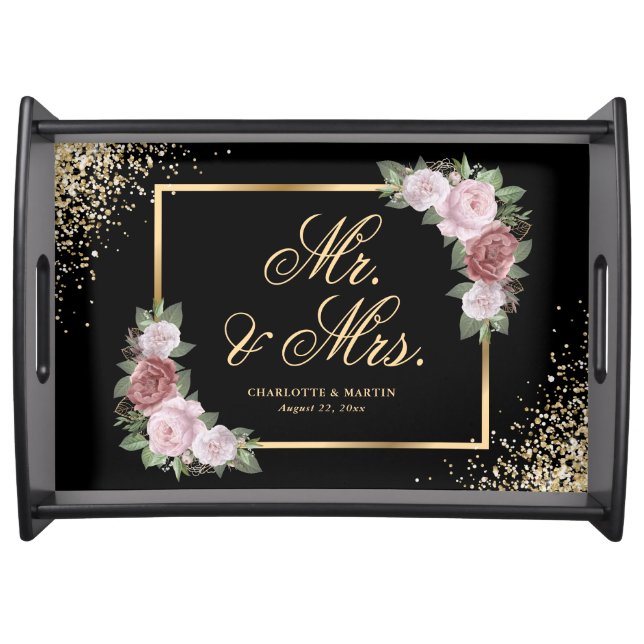 Elegant Black Gold Blush Pink Floral Wedding Serving Tray (Front)