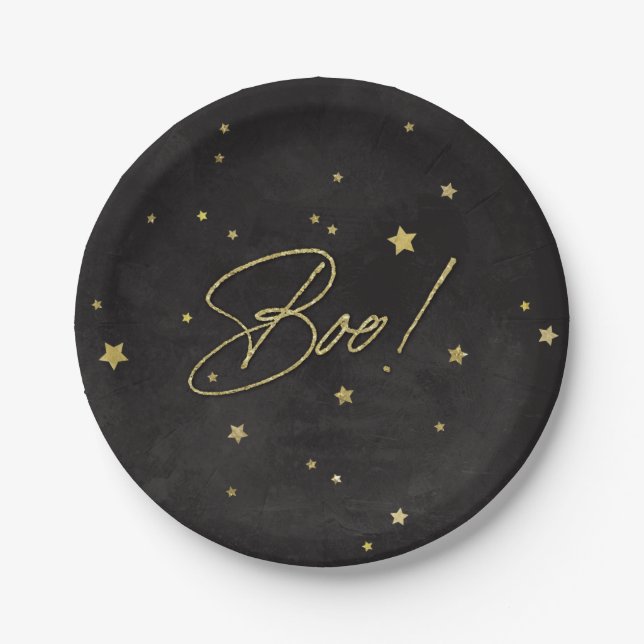 Elegant Black/Gold Boo! Halloween Party Paper Plates (Front)