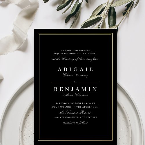 Elegant black gold borders minimalist wedding foil invitation