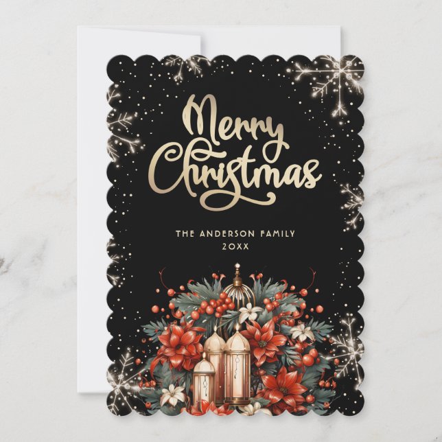 Elegant Black Gold Botanical Christmas Card (Front)