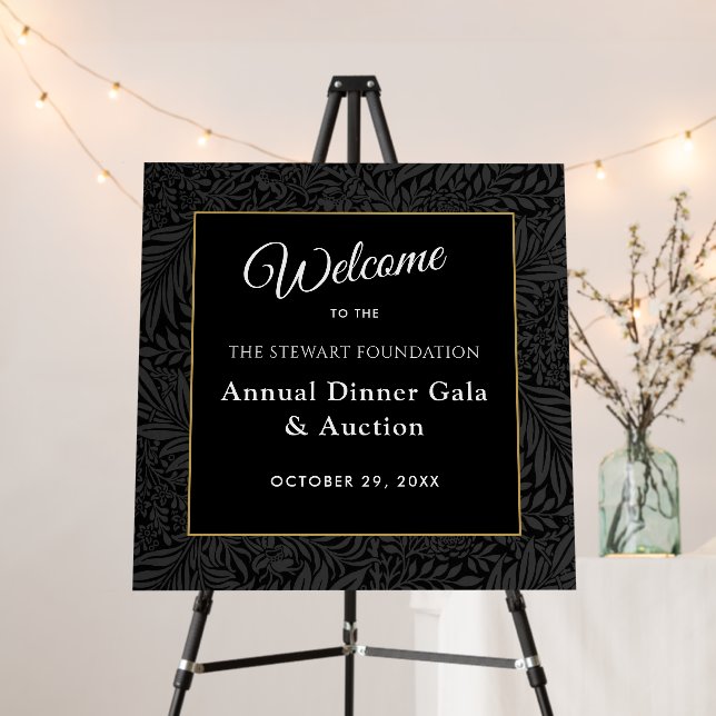 Elegant Black Gold Botanical Event Welcome Sign (In Situ (Stand))