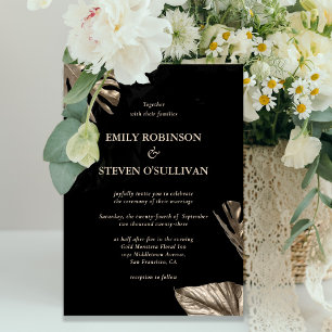 Elegant Black Gold Botanical Monstera Wedding Invitation