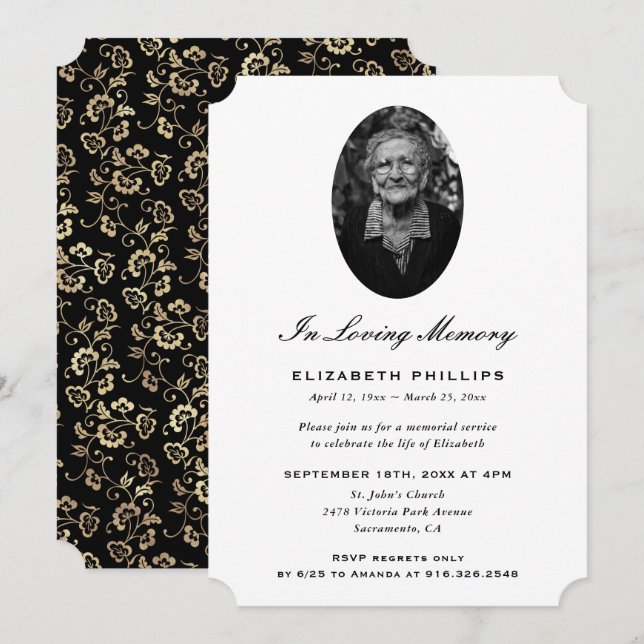 Elegant Black Gold Botanical Photo Memorial Invitation (Front/Back)