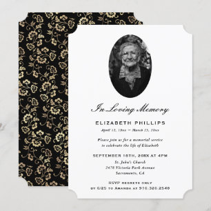 Elegant Black Gold Botanical Photo Memorial Invitation