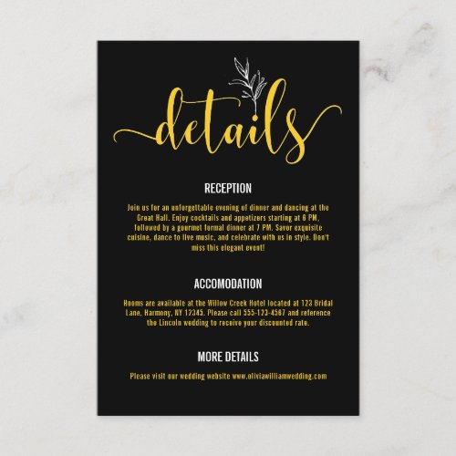 Elegant Black  Gold Botanical Wedding  Enclosur Enclosure Card