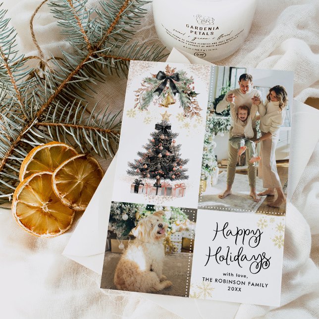 Elegant Black & Gold Bows Happy Holidays 2 Photo Holiday Card (Creator Uploaded)