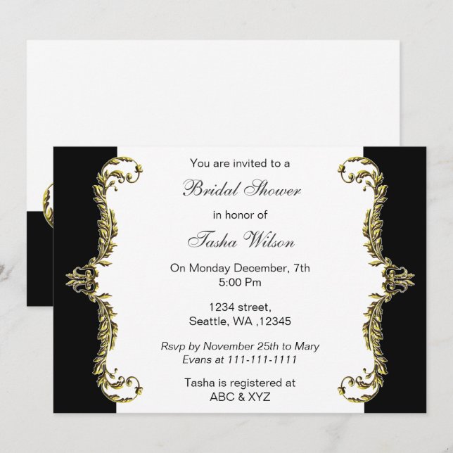 Elegant black gold Bridal Shower Invites (Front/Back)