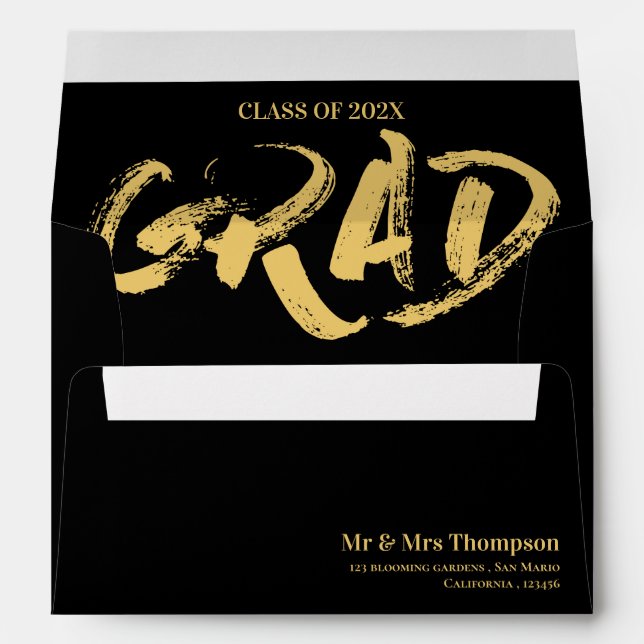 Elegant Black Gold Brush Font Grad Graduation Envelope (Back (Bottom))
