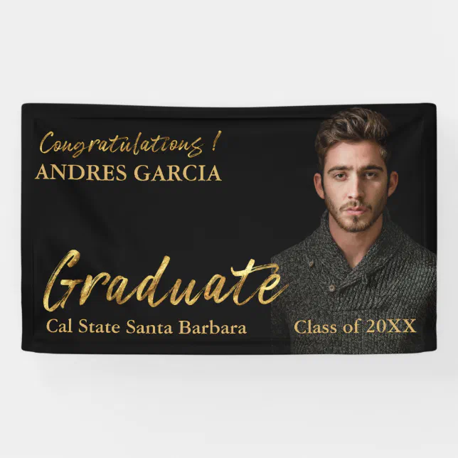 Elegant Black Gold Brush Text Graduate Photo Banner | Zazzle