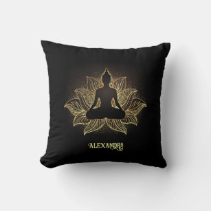Elegant Black Gold Buddha Lotus Flower Meditation Throw Pillow
