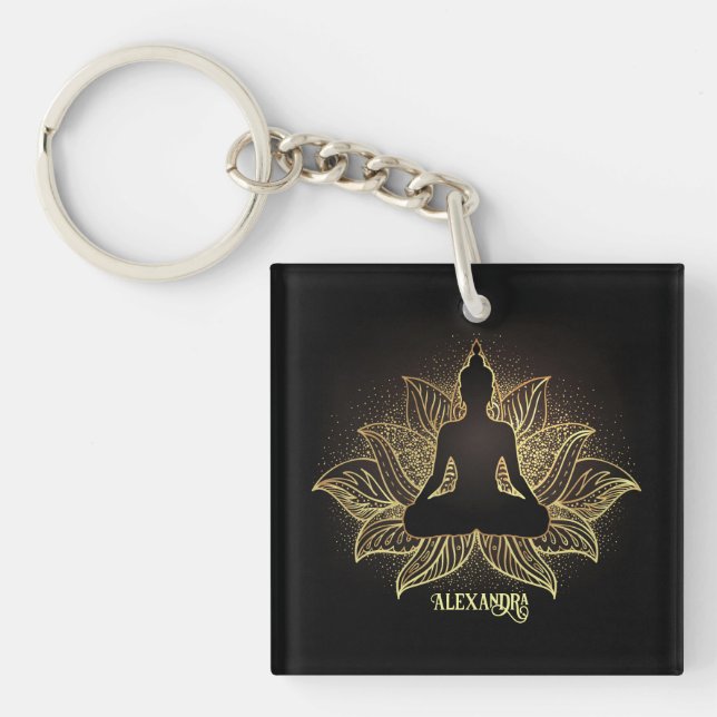 Elegant Black Gold Buddha Meditation Lotus Flower Keychain (Front)