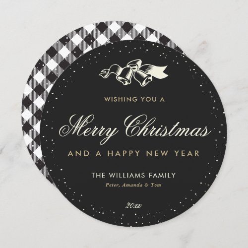 Elegant Black Gold Buffalo Plaid Merry Christmas Holiday Card