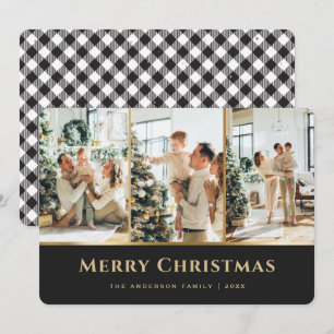 Elegant Black Gold Buffalo Plaid Photo Christmas Holiday Card