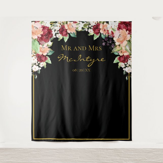 Elegant Black Gold Burgundy Blush Floral Backdrop (Front)
