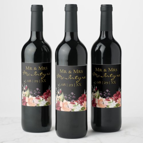 Elegant Black Gold Burgundy Blush Floral Mr  Mrs Wine Label