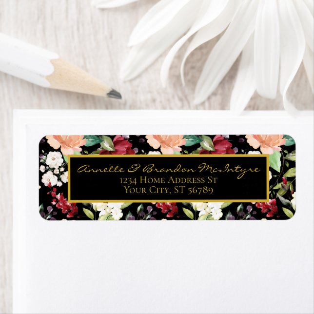 Elegant Black Gold | Burgundy Blush Floral Pattern Label (Insitu)