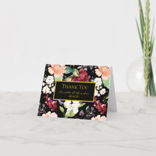 Elegant Black Gold Burgundy Blush Floral Pattern  Thank You Card