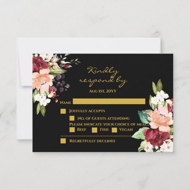 Elegant Black Gold Burgundy Blush Floral  RSVP Car (Front)