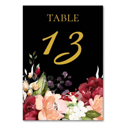 Elegant Black Gold Burgundy Blush Floral Table Number