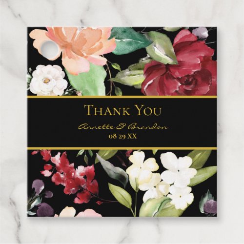 Elegant Black Gold Burgundy Blush Floral Thank You Favor Tags