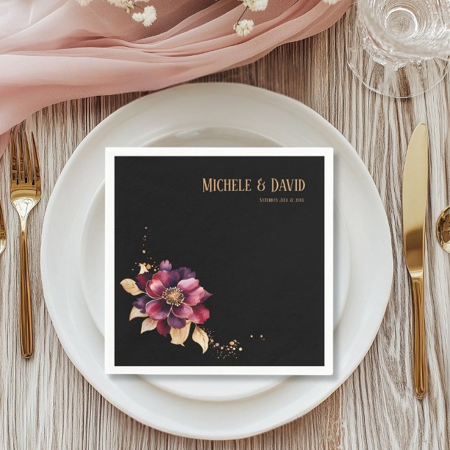 Elegant black gold burgundy name date Standard  Napkins (Creator Uploaded)