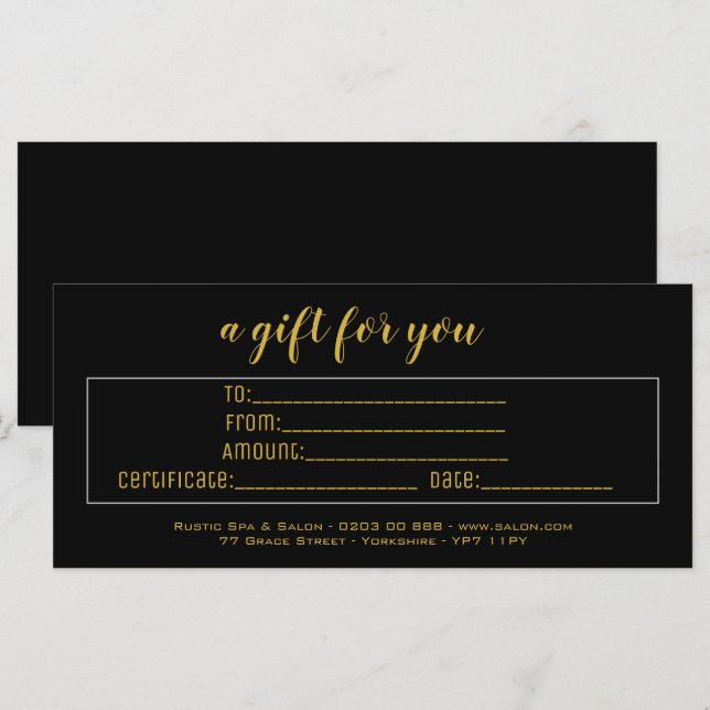 Elegant Black & Gold Business Gift Certificate  (Front/Back)