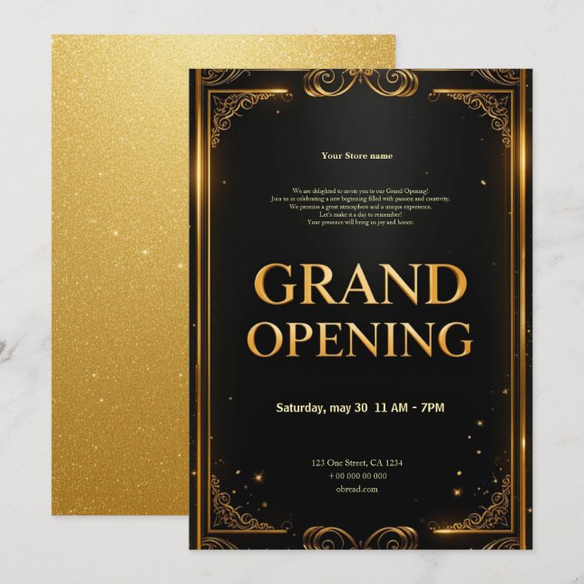 Elegant Black & Gold Business Grand Opening Invite (Front/Back)