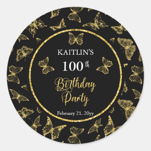 Elegant Black Gold Butterflies 100 Birthday Party Classic Round Sticker